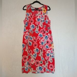 Red Floral Sleeveless Midi Dress Liquid Soft Lightweight Flowy LG 18/20 By Ellos